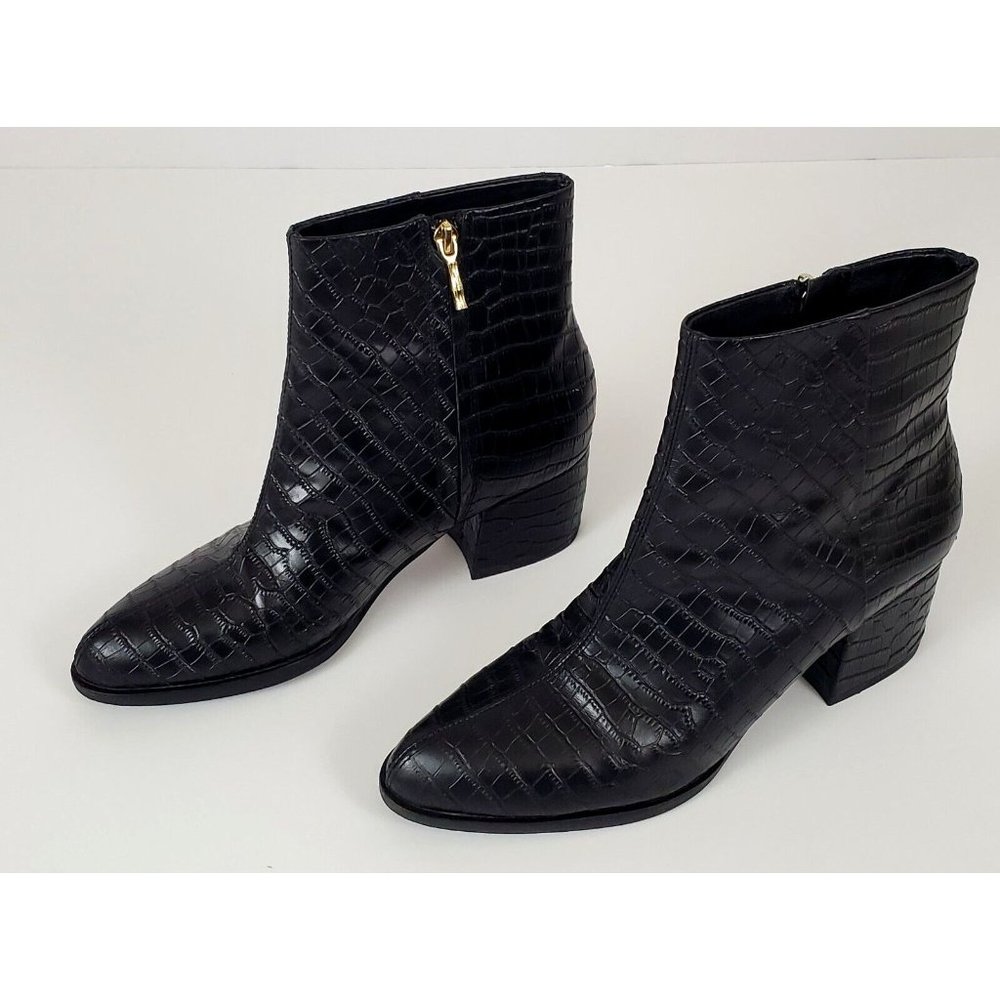 J. McLaughlin Gwyneth Black Leather Croc-Embossed Ankle Boots Size 9